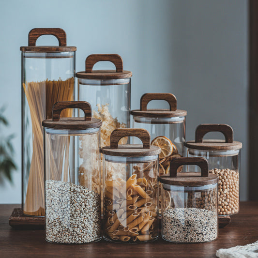 Japanese-style glass storage jar featuring solid wood lid and large capacity design for coarse cereal storage