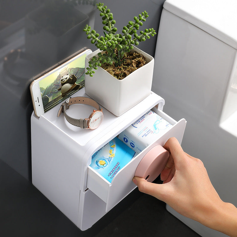 Modern bathroom towel dispenser with wall mount system and covered storage compartment