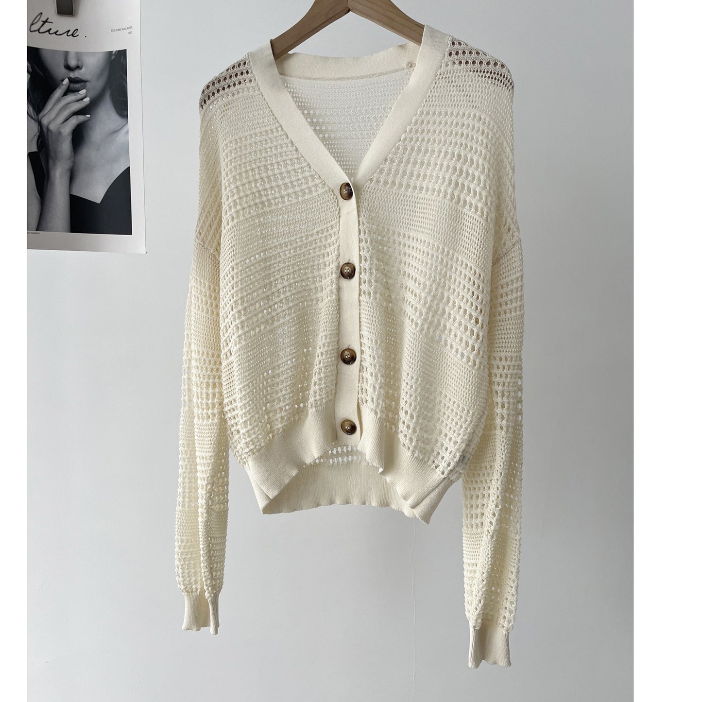 White Dignified Hollow Cardigan Outer Wear Sweater