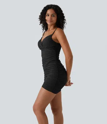 Deep V Neck Adjustable Strap Backless Ruched Bodycon Mini Casual Dress