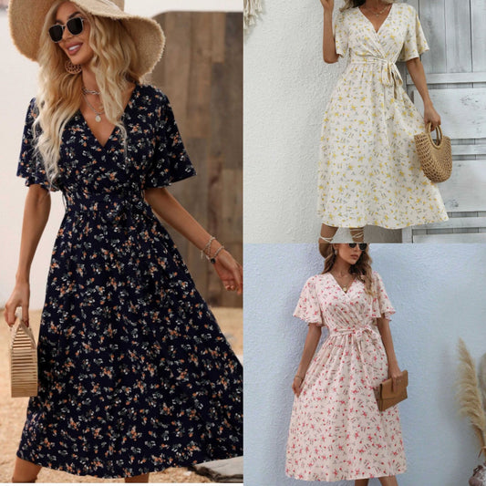Mid-length V-neck Small Floral Tie-neck Ruffled Dress
