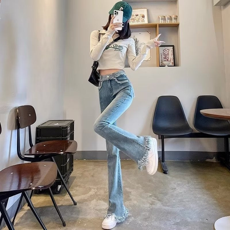 Light Color Frayed Flared Pants Women's Jeans