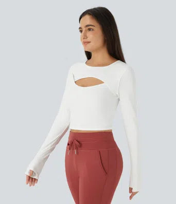 Softlyzero Plush Long Sleeve Thumb Hole Cut Out Cropped Dance Sports Top
