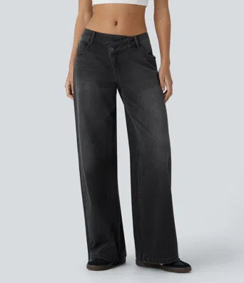 Halara Flex Asymmetric Low Rise Button Zipper Multiple Pockets Wide Leg Washed Stretchy Knit Casual Jeans