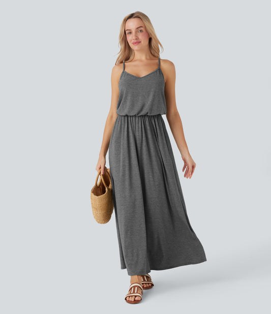 Adjustable Strap Maxi Flowy Resort Slip Dress with Pockets for Women
