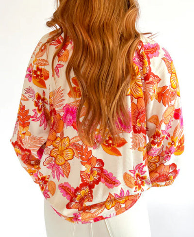 Orange Floral Print Pearl Button Keyhole Long Puff Sleeve Blouse