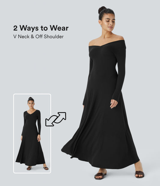 Elegant Draped V-Neck Long Sleeve Maxi Dress for Casual Everyday Style