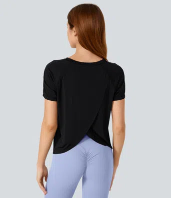 Contrast Mesh Split Hem Short Sleeve Cool Touch Yoga Sports Top-UPF50+