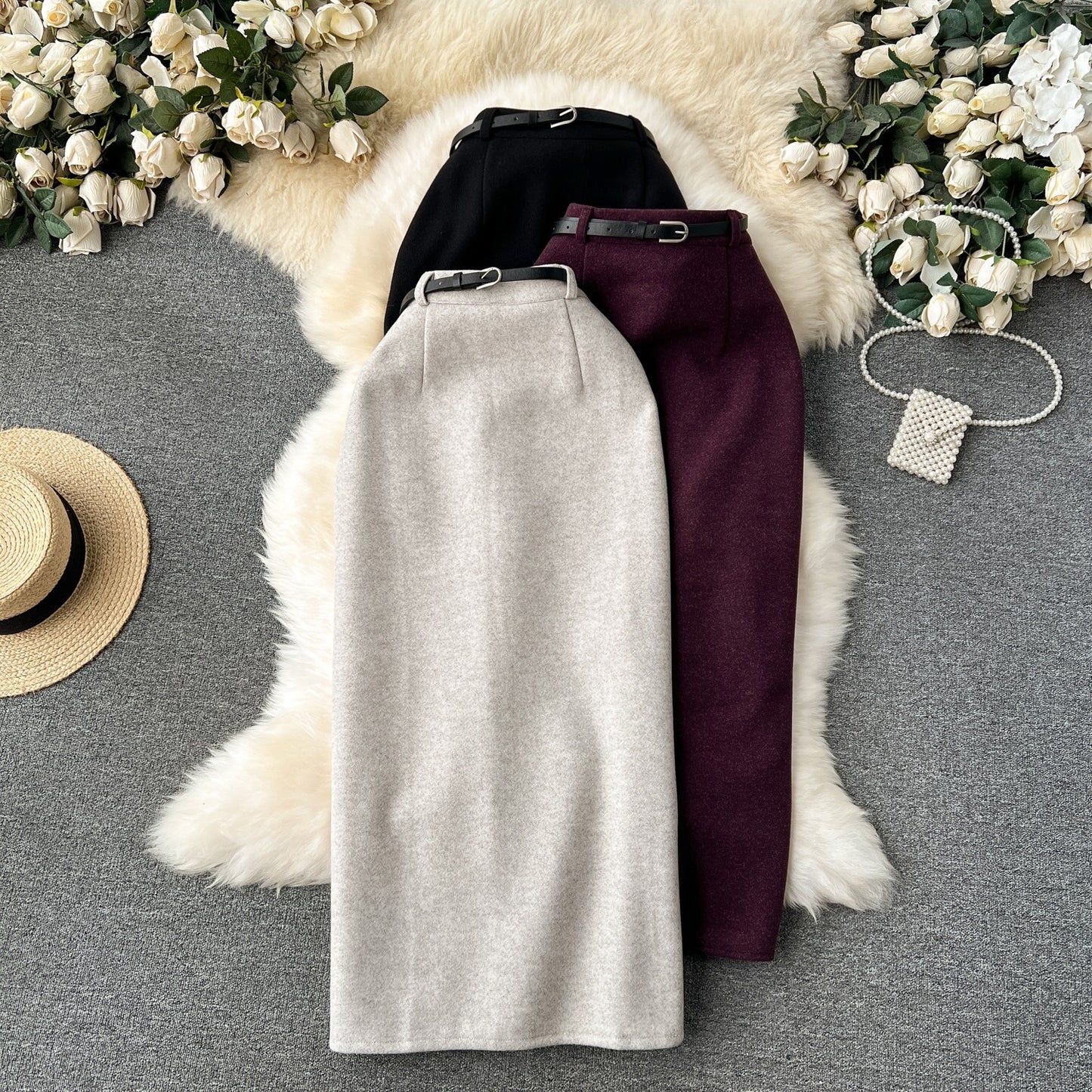 Woolen High Waist Sheath Split Straight One-step Skirt
