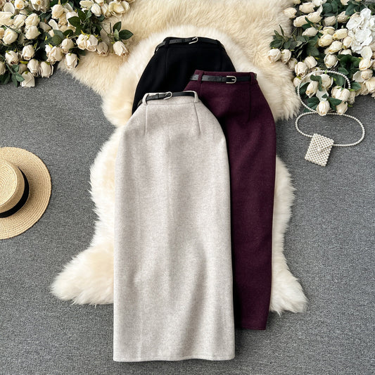 Woolen High Waist Sheath Split Straight One-step Skirt
