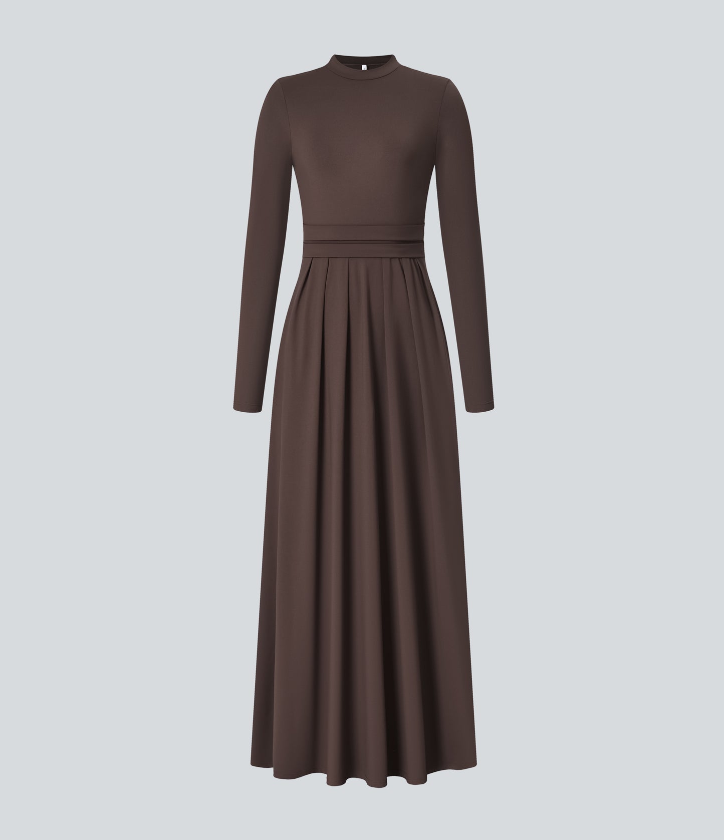 Elegant Mock-neck Long Sleeve Flare Maxi Dress with Convenient Side Pockets