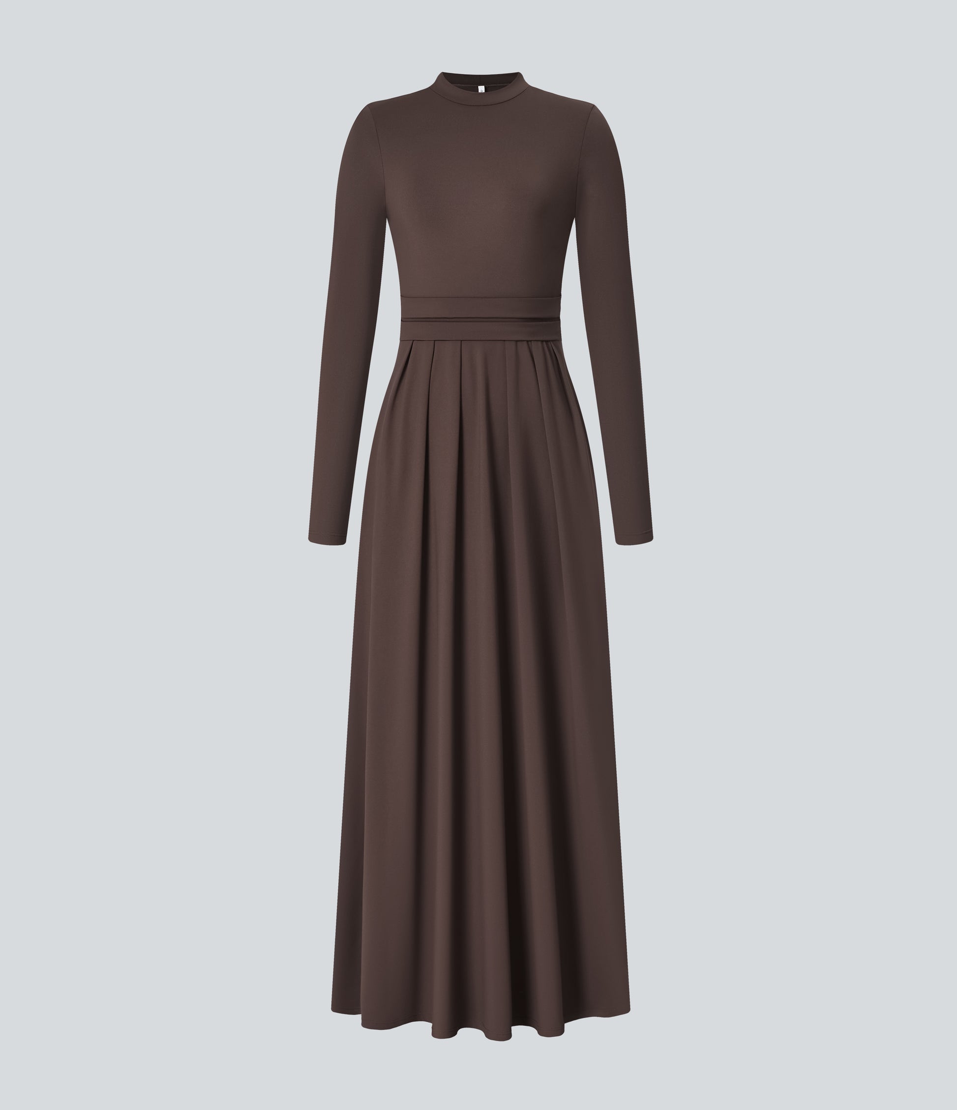 Elegant Mock-neck Long Sleeve Flare Maxi Dress with Convenient Side Pockets