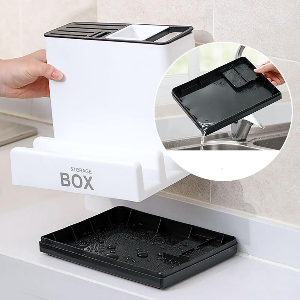 Space-saving kitchen cabinet organizer showing dedicated knife slots and tableware storage sections in durable plastic
