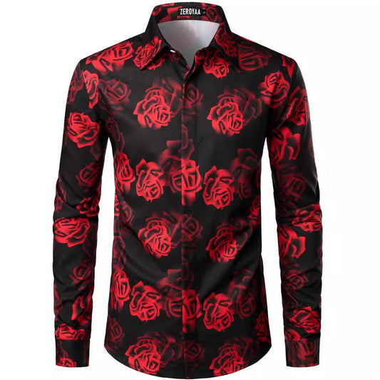 Fashion 3D Rose Printing Men's Long Shirt