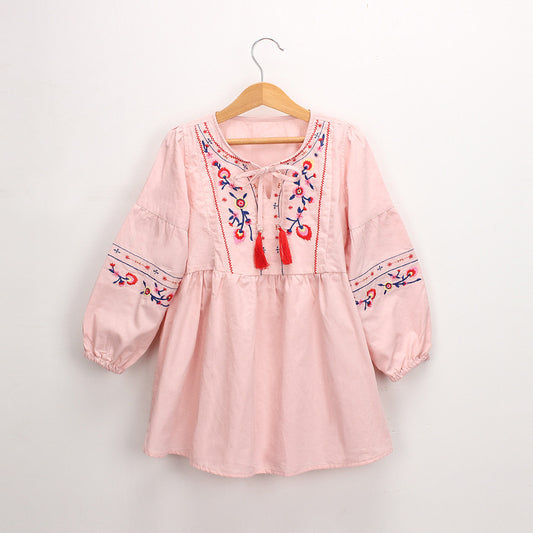 Girls' Long Sleeve Embroidery Tie-neck Tassel Dress
