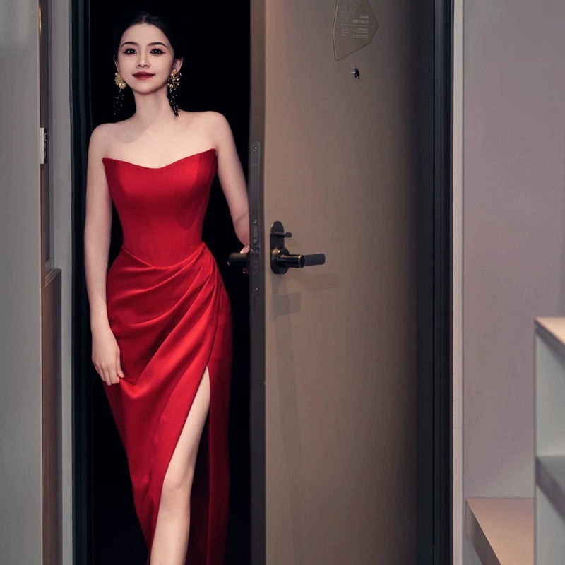 Fashion Bride Wine Red Engagement Wedding Back-to-door Casual Dress Small 07