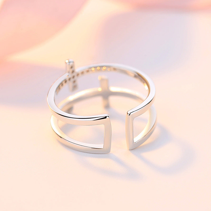 Double Cross Miniature Copper Inlaid Zircon Ring 02