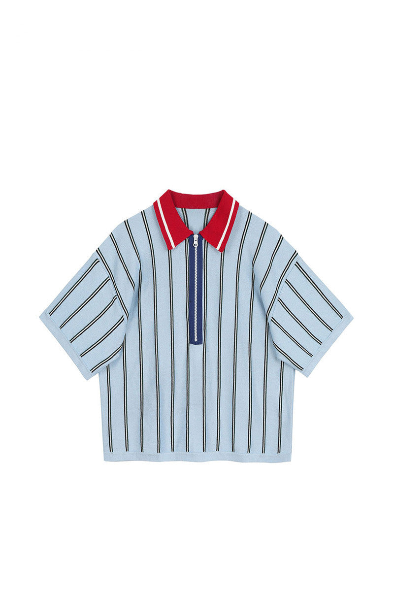 Fashionable Knitting Design Sense Niche Polo Collar Striped T-shirt For Women