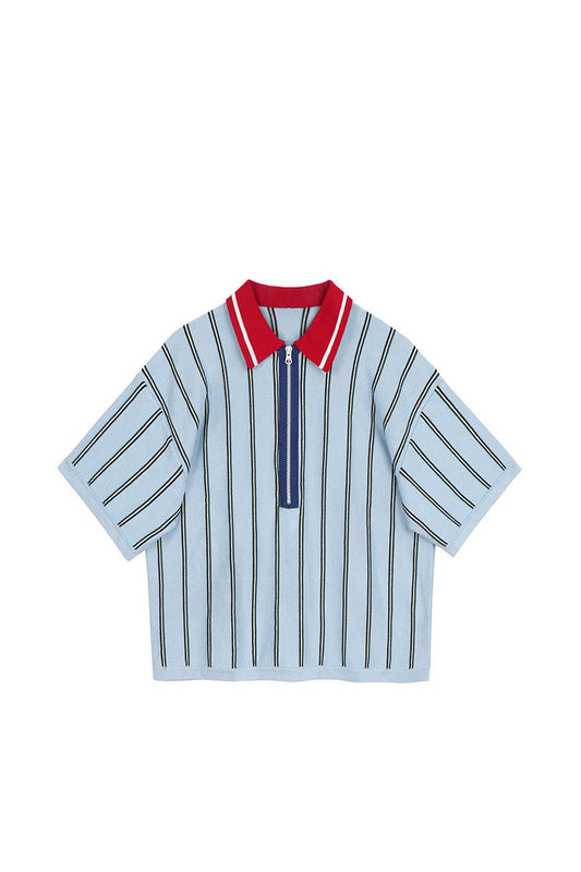 Fashionable Knitting Design Sense Niche Polo Collar Striped T-shirt For Women