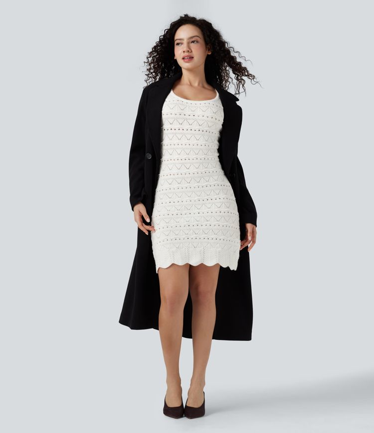 Chic U-Neck Sleeveless Open Knit Mini Sweater Dress with Scallop Hem