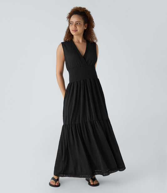 Elegant V-Neck Sleeveless Appliques Shirred Flowy Flare Maxi Casual Dress