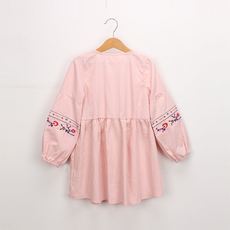 Girls' Long Sleeve Embroidery Tie-neck Tassel Dress