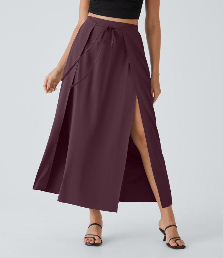 Breezeful Women's High-Waisted Tie-Front Split Flowy 2-in-1 Maxi Quick-Dry Skirt