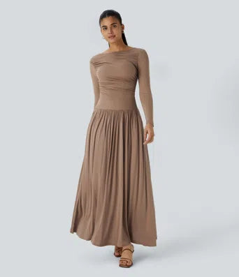 Ribbed Boat Neck Asymmetric Strap Ruched Side Pocket Flowy Maxi Casual Dress
