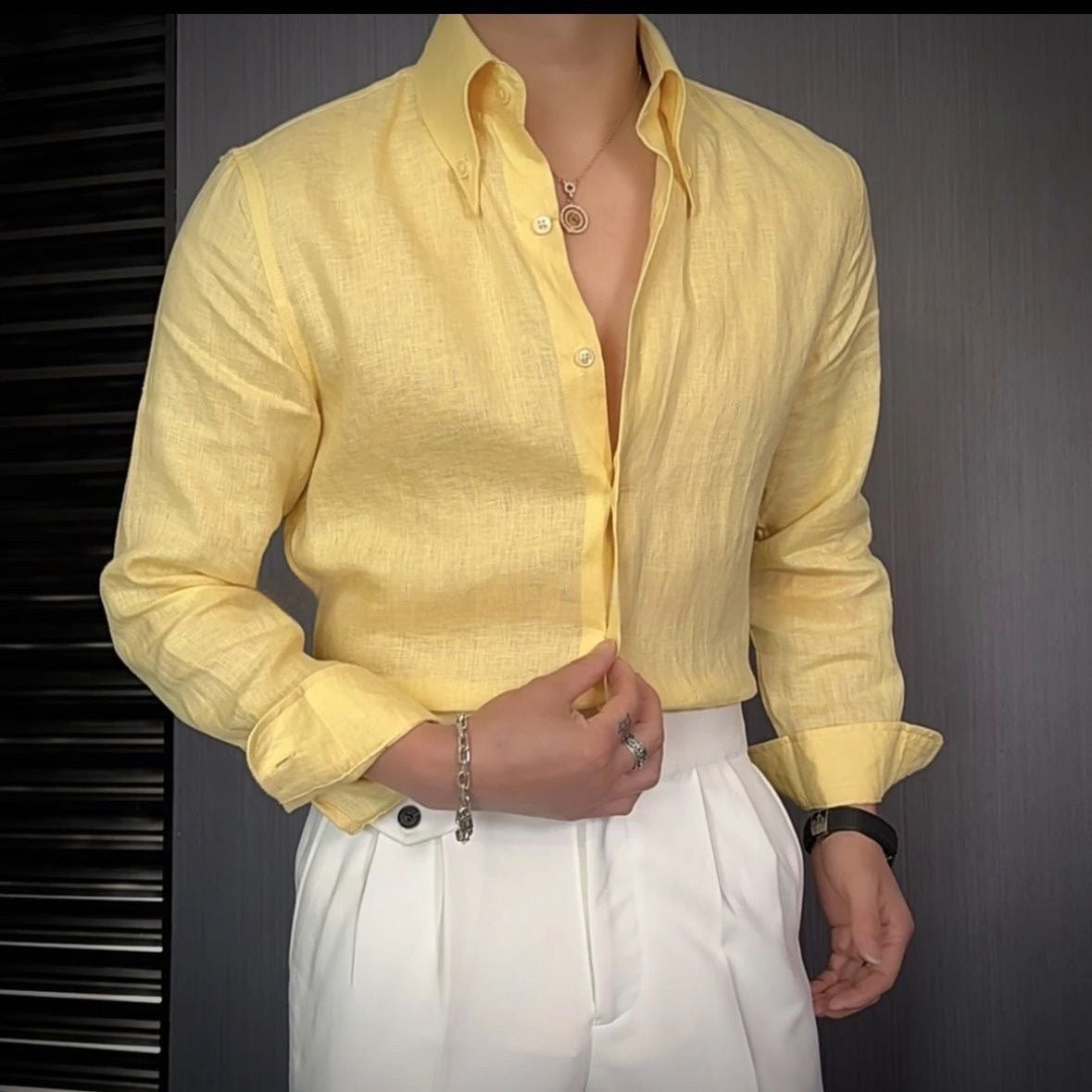 Men's Fashionable British Long Sleeved Breathable Linen Slim Fit Versatile Casual Shirt