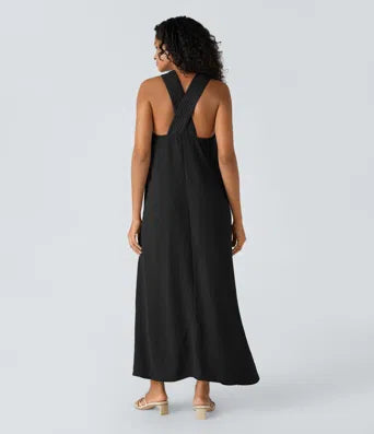 Backless Crisscross Side Pocket Flowy Maxi Resort Linen-Feel Dress