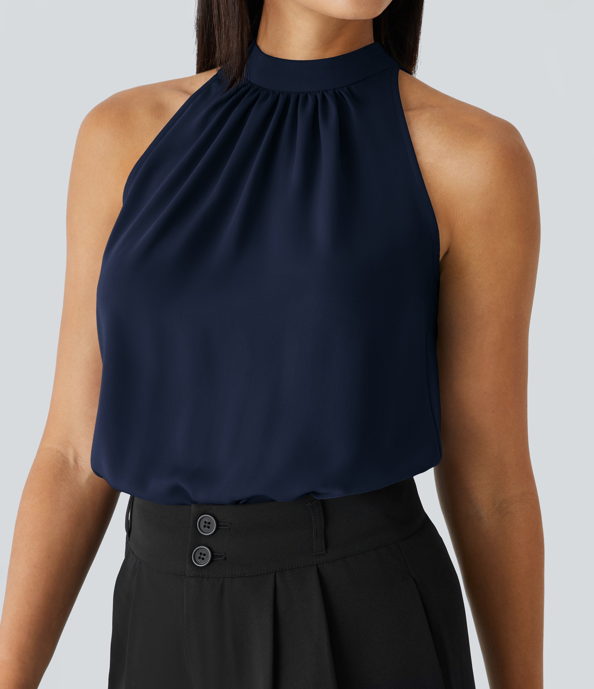 Women's Chic Keyhole Halter Sleeveless Blouse: Elegant Curved Hem Work Top