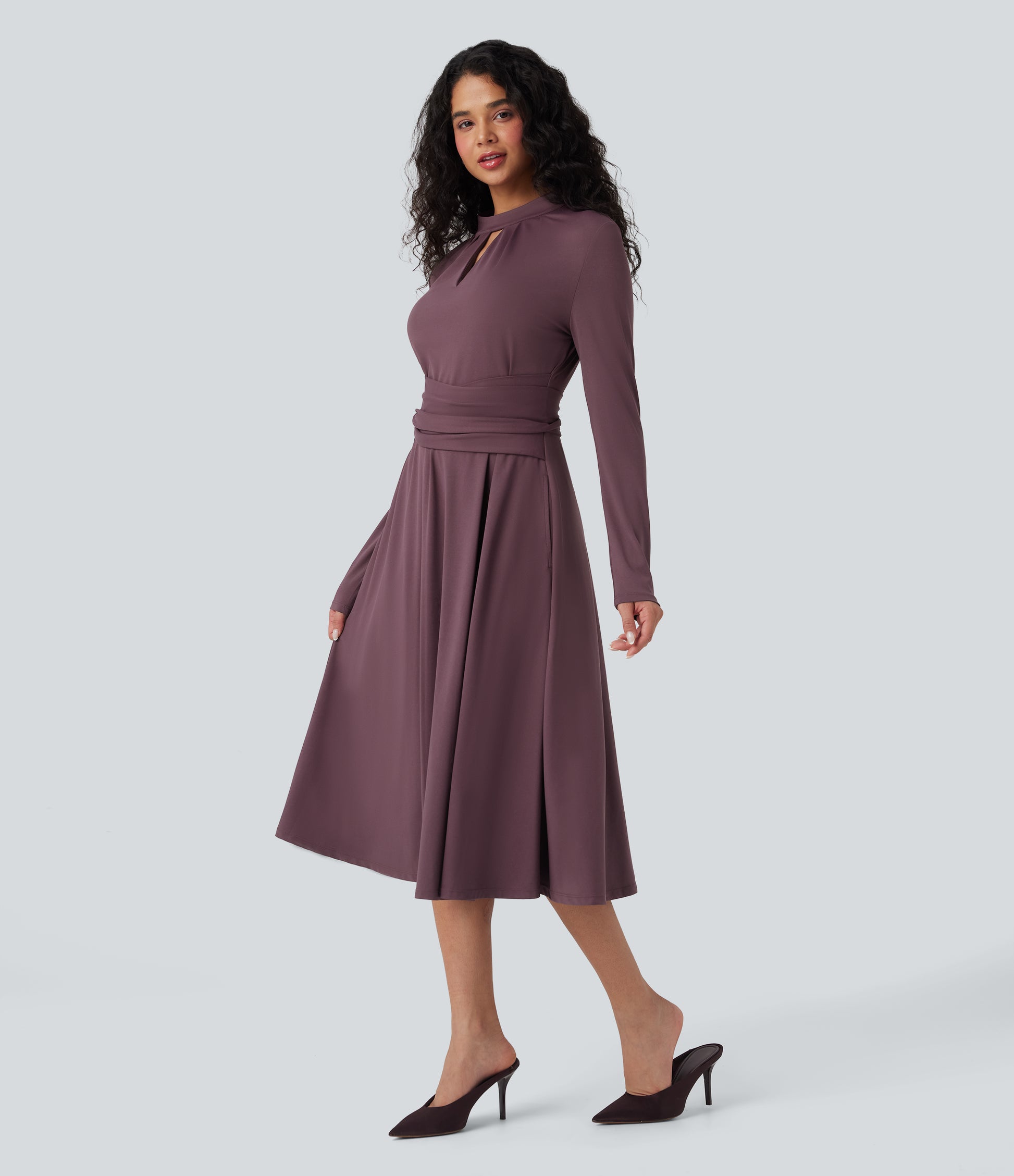 Chic Cut Out Long Sleeve Tie Back Midi Dress - Modern Style & Pockets