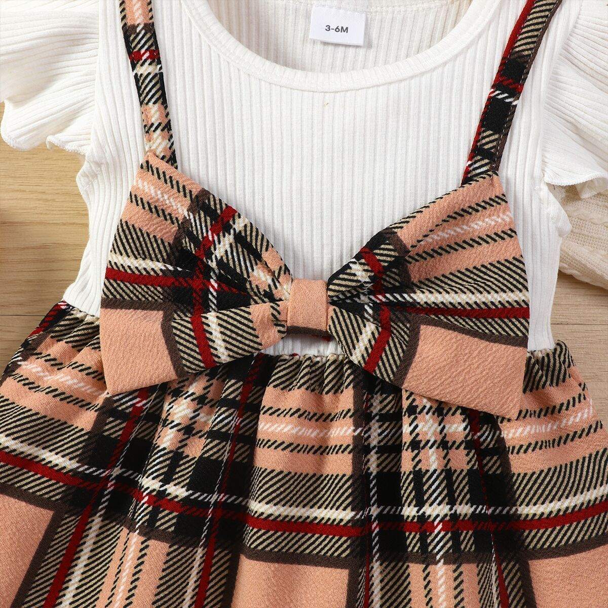 Infant Sunken Stripe Flounced Sleeve Stitching Plaid Dress Headscarf