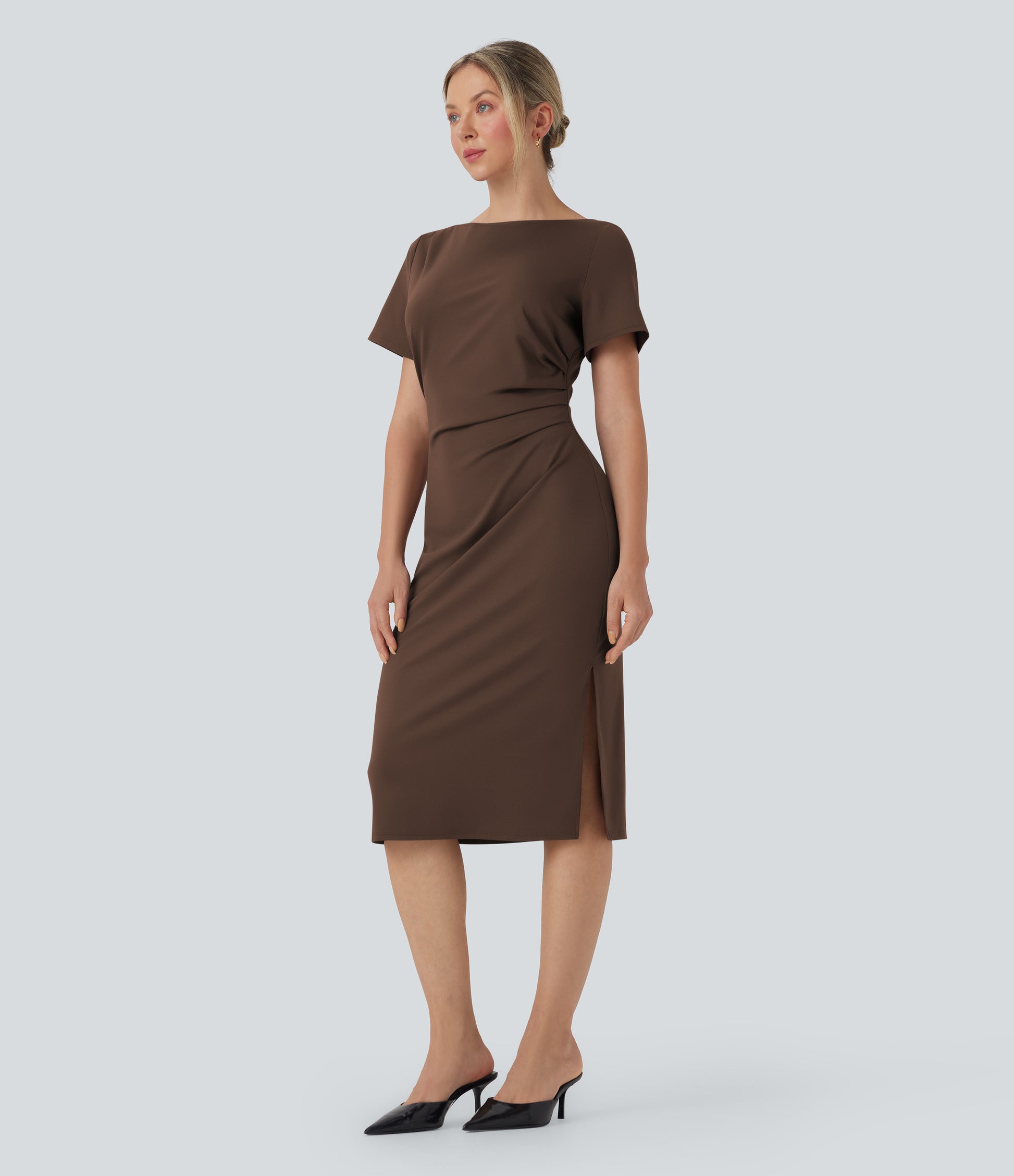 Chic Short Sleeve Ruched Bodycon Midi Work Dress for Women - Comfortable & Stylish