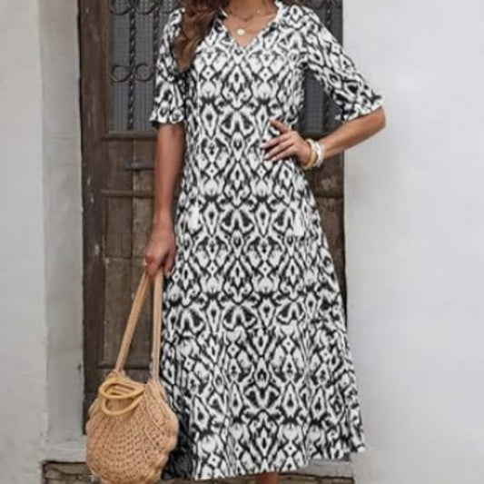 V-neck Printed Hanging Whisker Mid Sleeve Long Dress