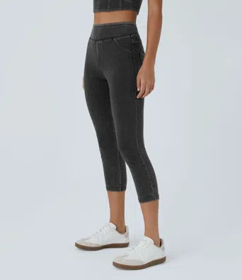 Halara Flex  High Waisted Back Side Pocket Stretchy Knit Denim Capri Casual Leggings