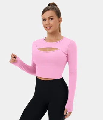 Softlyzero Plush Long Sleeve Thumb Hole Cut Out Cropped Dance Sports Top