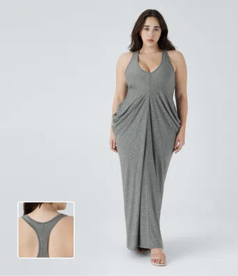 Ribbed Boat Neck Ruched Side Pocket Flowy Maxi Casual Plus Size Dress
