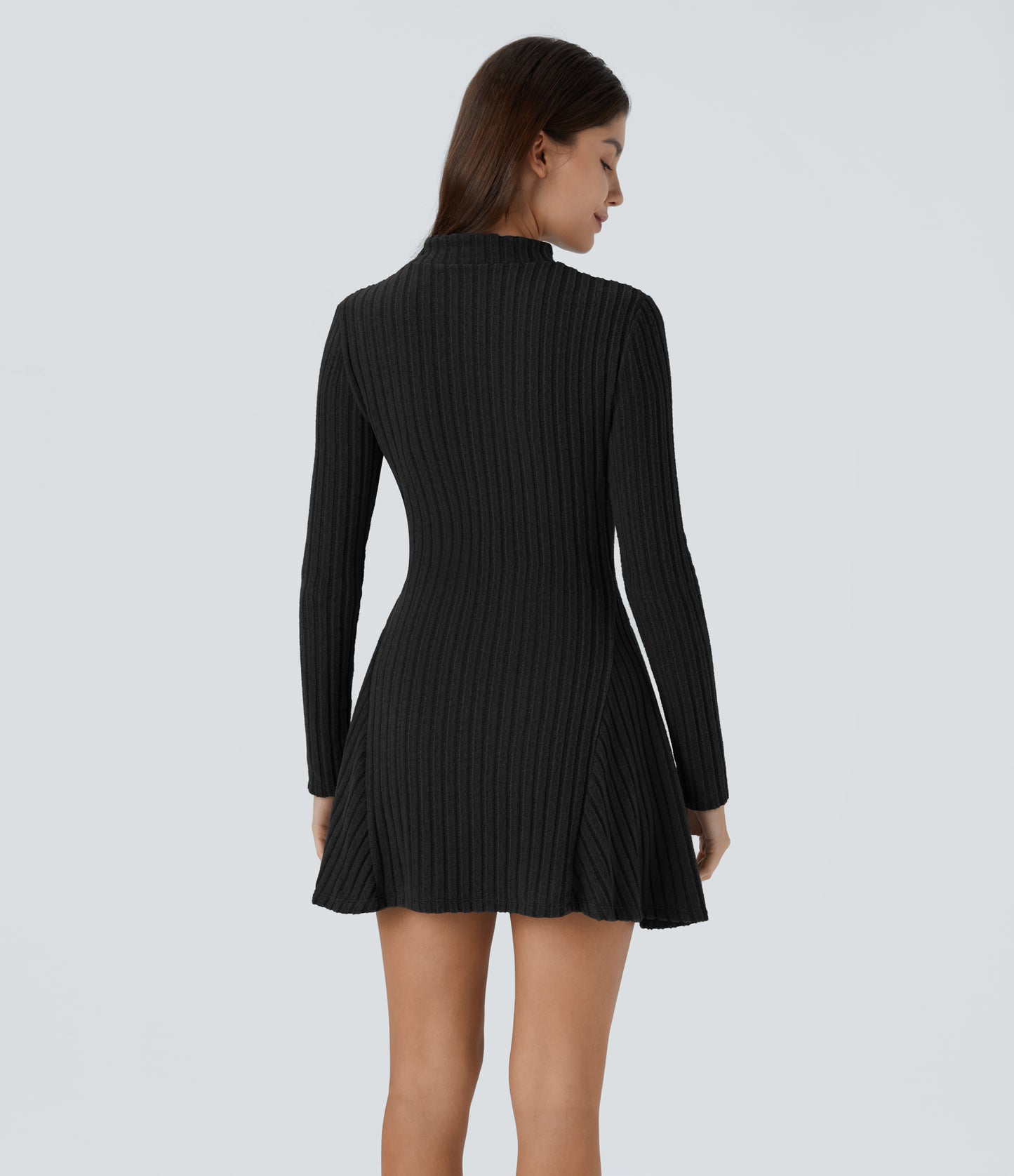 Soft Ribbed Knit Stand Collar Long Sleeve Mini Dress Cozy Everyday Versatile Style
