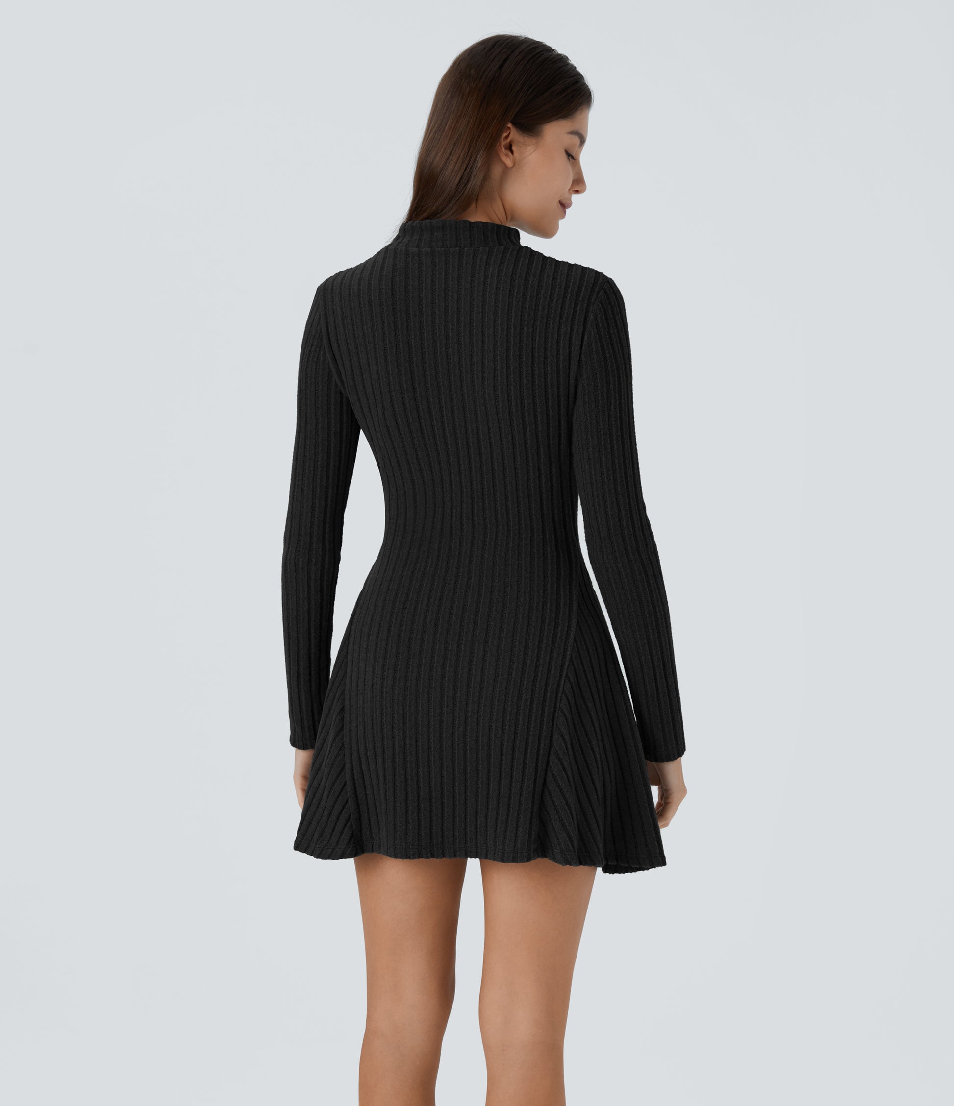 Soft Ribbed Knit Stand Collar Long Sleeve Mini Dress Cozy Everyday Versatile Style