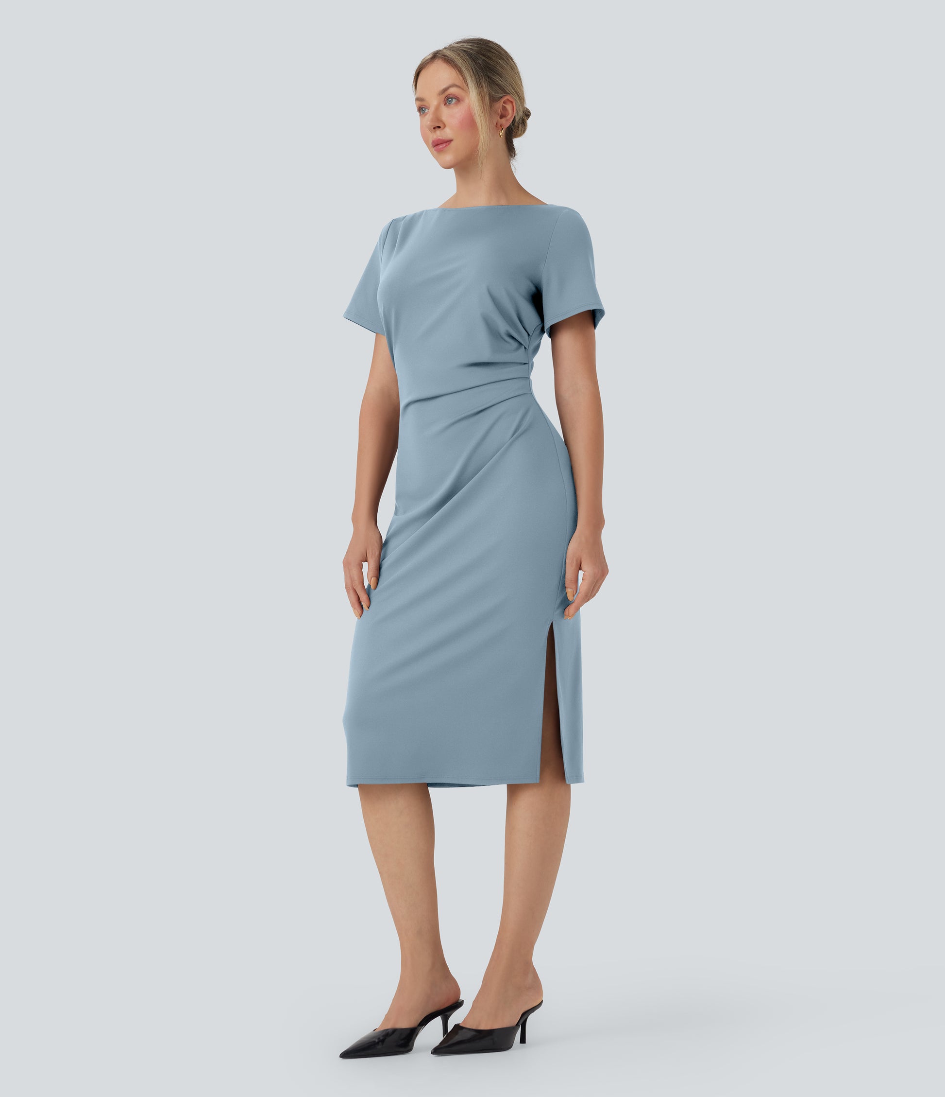Chic Short Sleeve Ruched Bodycon Midi Work Dress for Women - Comfortable & Stylish
