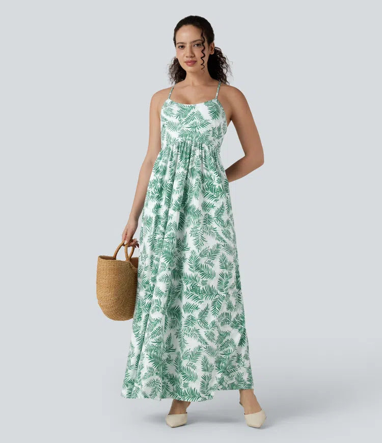 Chic Floral Print Maxi Dress: Flowy, Backless Lace-Up Design with Pockets