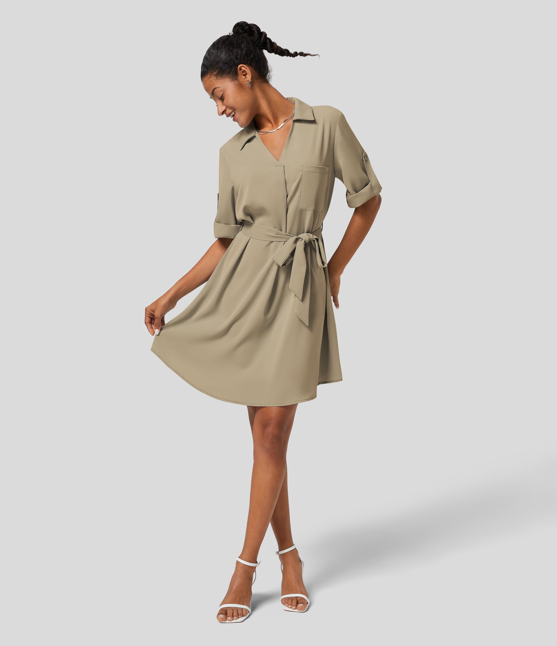 Chic Halara Women's Collared Roll-Up Sleeve Button-Down Belted Relaxed Midi Shirt Dress
