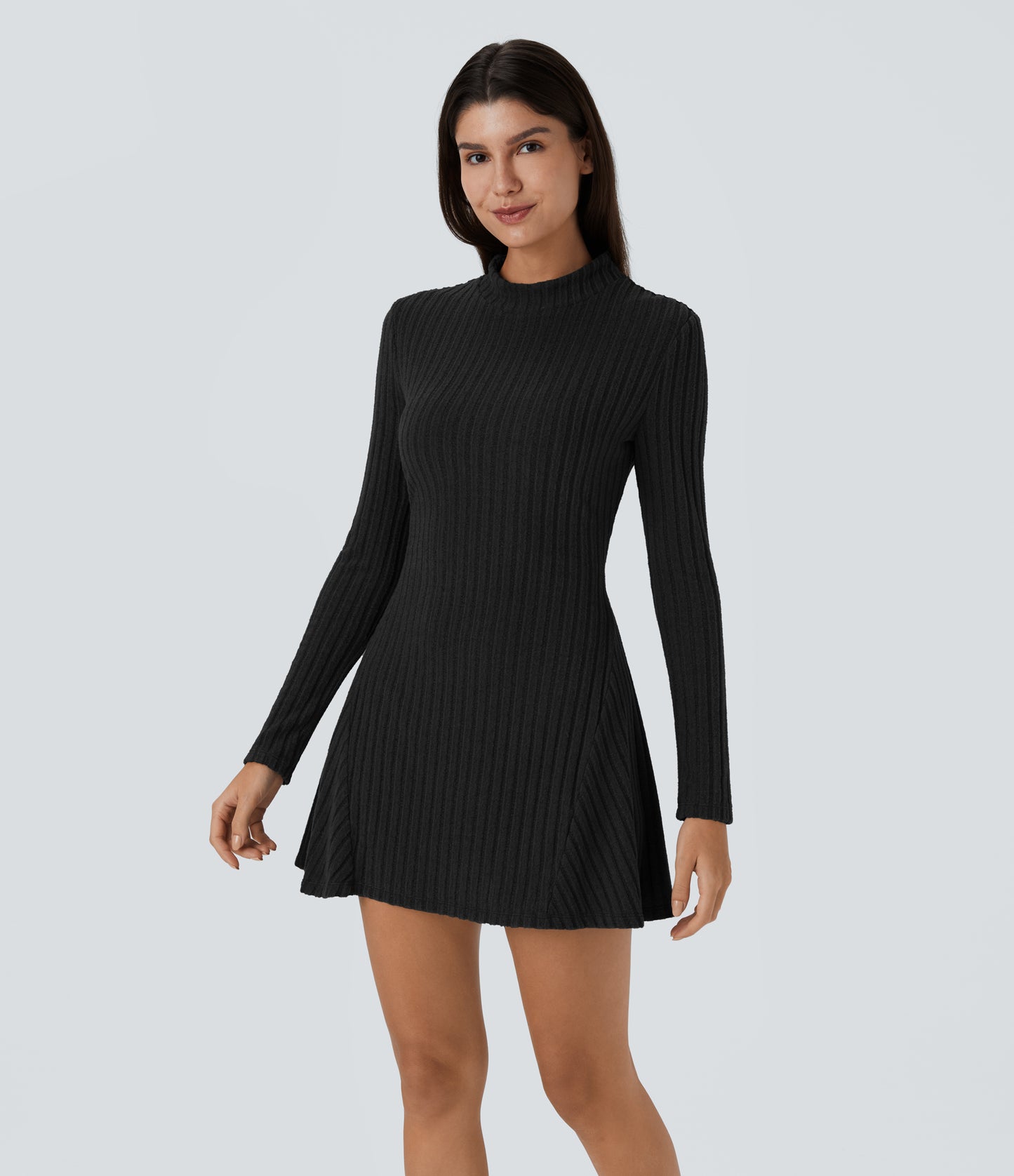 Comfy Chic Ribbed Knit Stand Collar Long Sleeve Mini Dress - Versatile Style
