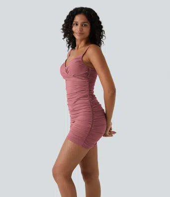 Deep V Neck Adjustable Strap Backless Ruched Bodycon Mini Casual Dress