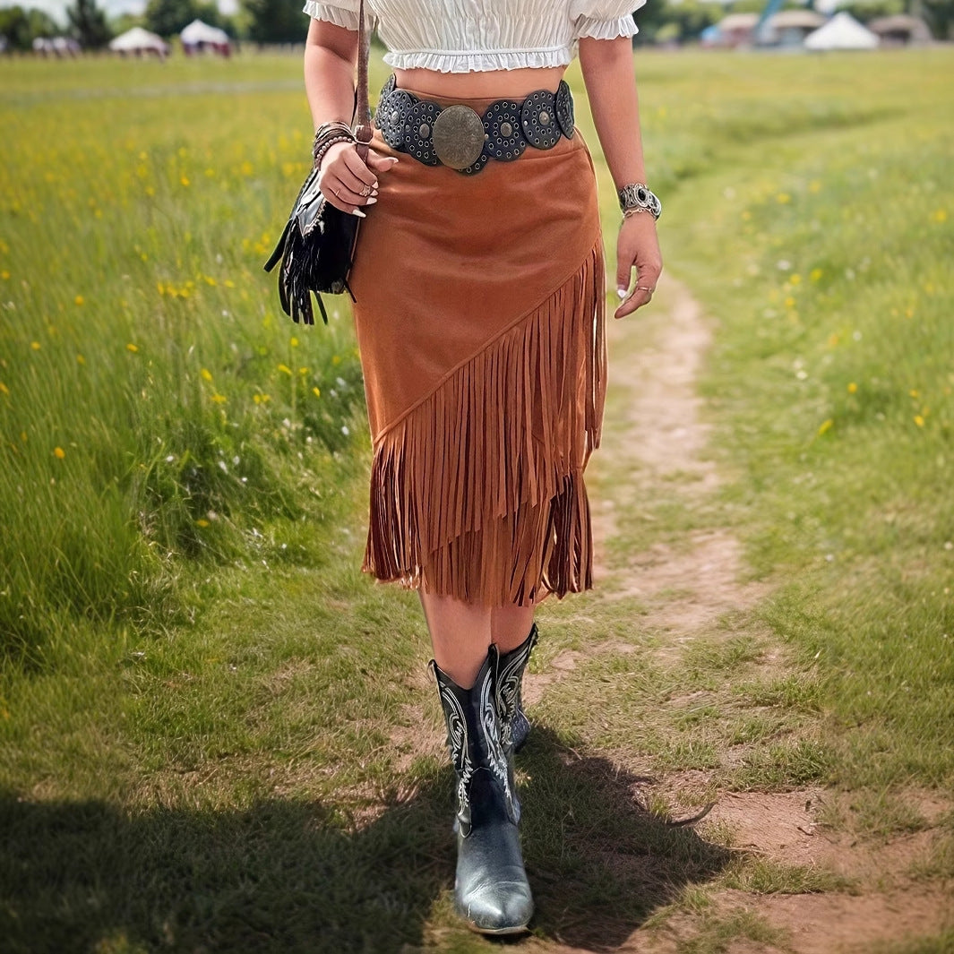 Women's Fashionable Casual Solid Color Asymmetrical Tassel Hem A-line Skirt