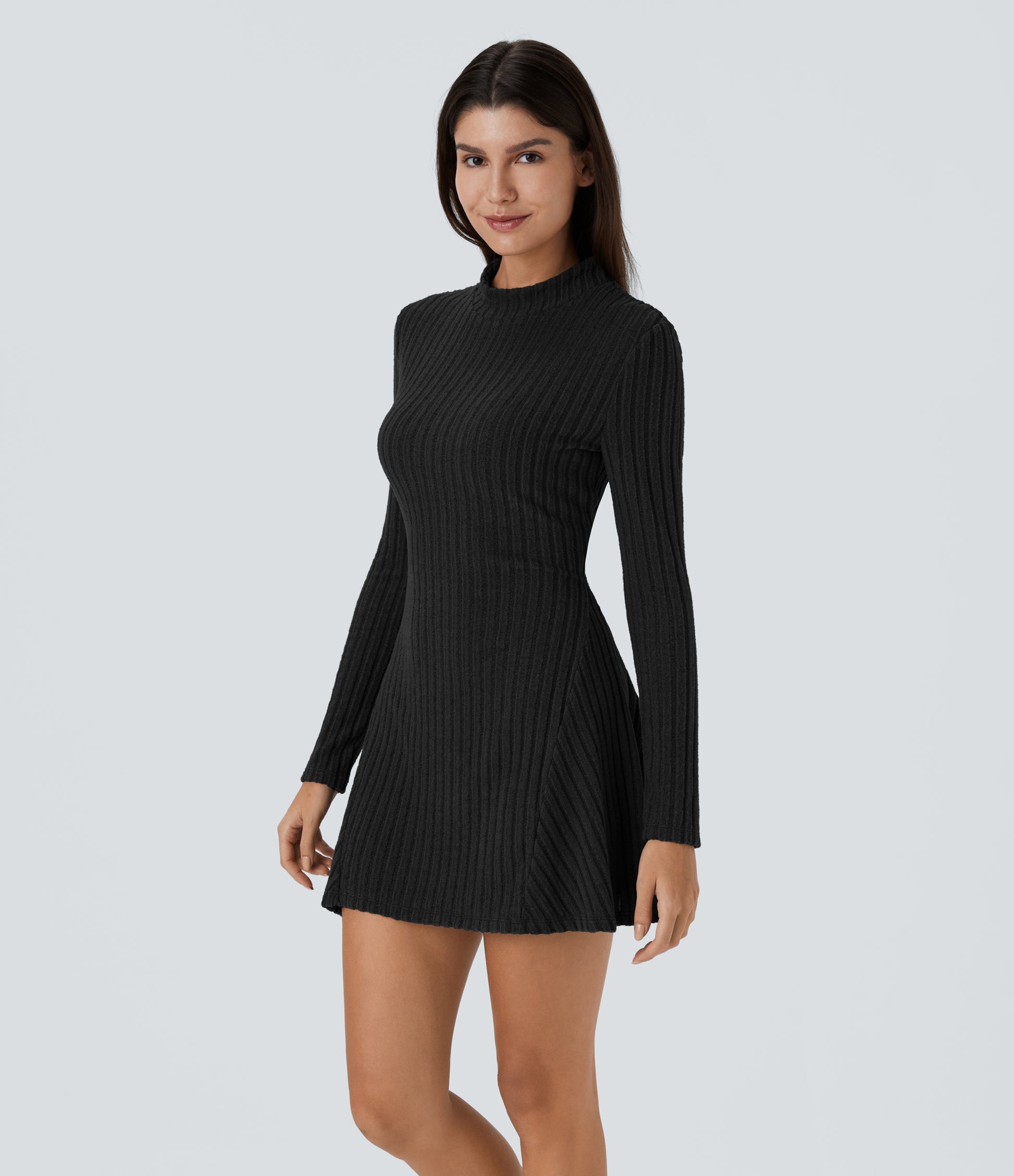 Soft Ribbed Knit Stand Collar Long Sleeve Mini Dress Cozy Everyday Versatile Style
