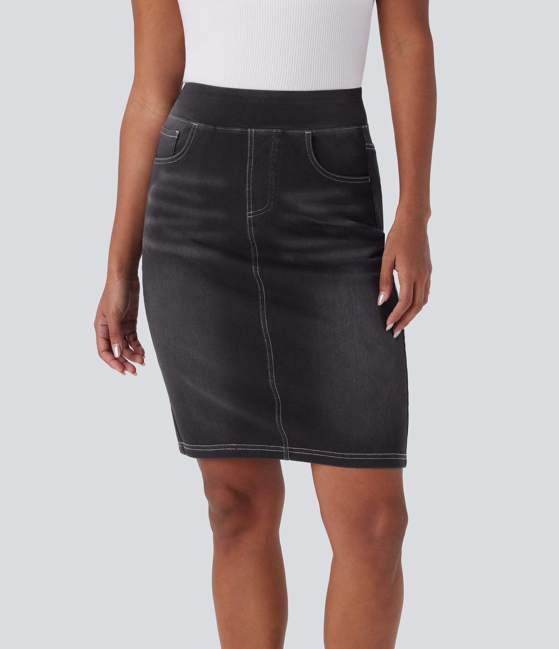 Halara Flex High Waisted Stretchy Knit Denim Midi Skirt with Pockets