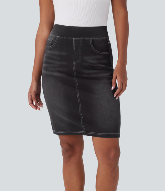 Halara Flex High Waisted Stretchy Knit Denim Midi Skirt with Pockets
