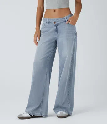 Halara Flex Asymmetric Low Rise Button Zipper Multiple Pockets Wide Leg Washed Stretchy Knit Casual Jeans